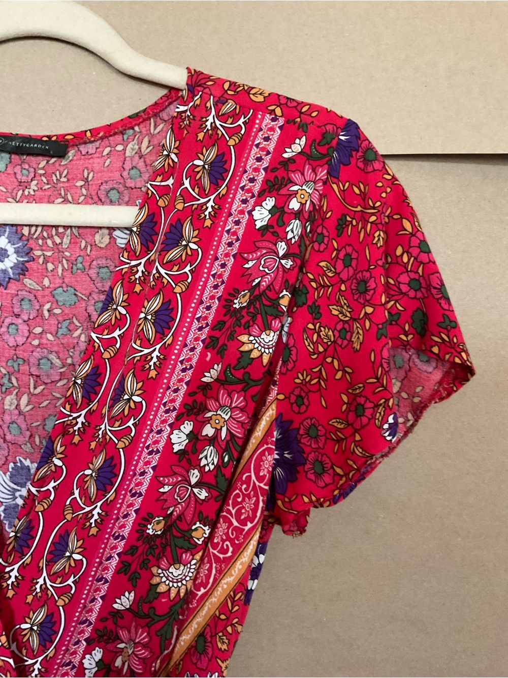 Pretty Garden. Red Floral Wrap Maxi Dress with Tie Waist. Size L - Picture 5 of 10